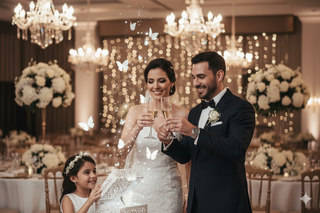 Liberación de mariposas en evento nocturno